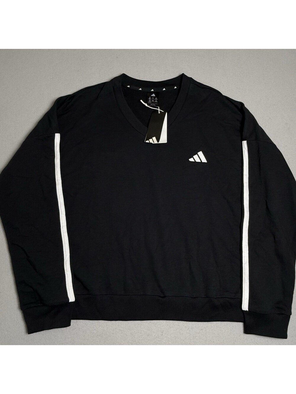 New adidas Womens V Neck Long Sleeve Sweatshirt 2XL Black Stripes Logo Pullover
